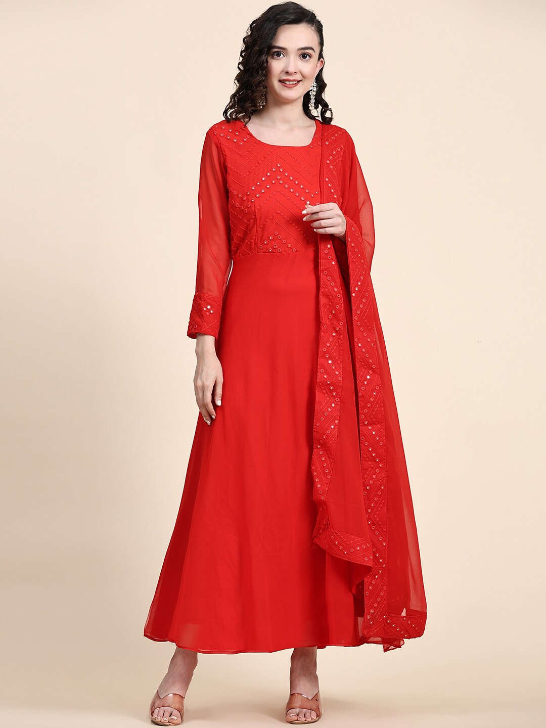 

KALINI Embellished Flared Ethnic Dresses, Red