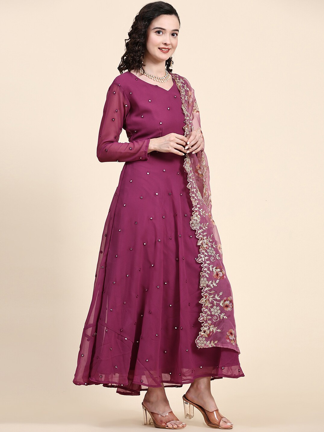 

KALINI Mirror work Flared Ethnic Dress with Organza Dupatta, Burgundy