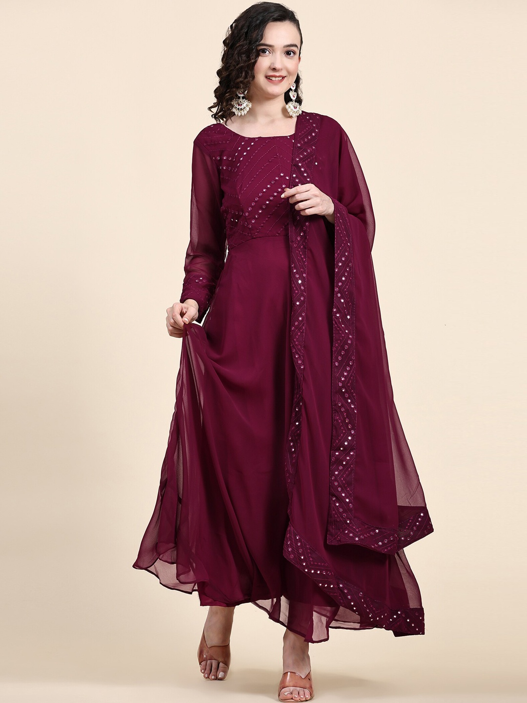 

KALINI Mirror Work Flared Ethnic Dresses, Burgundy