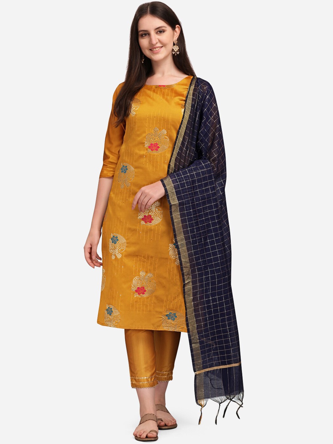 

KALINI Ethnic Motifs Embroidered Kurta & Trousers With Dupatta, Yellow