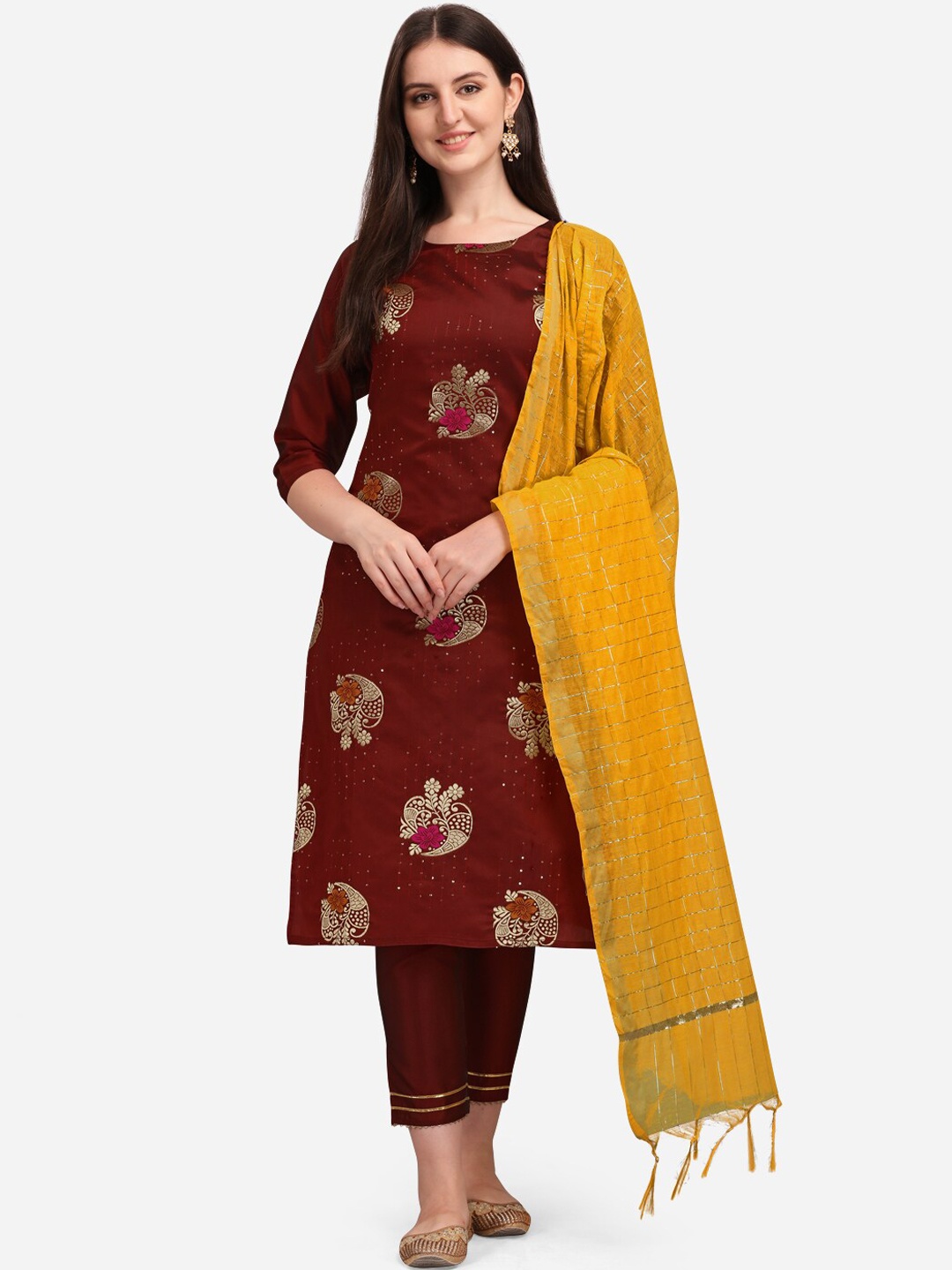 

KALINI Ethnic Motifs Embroidered Sequinned Kurta With Trousers & Dupatta, Maroon