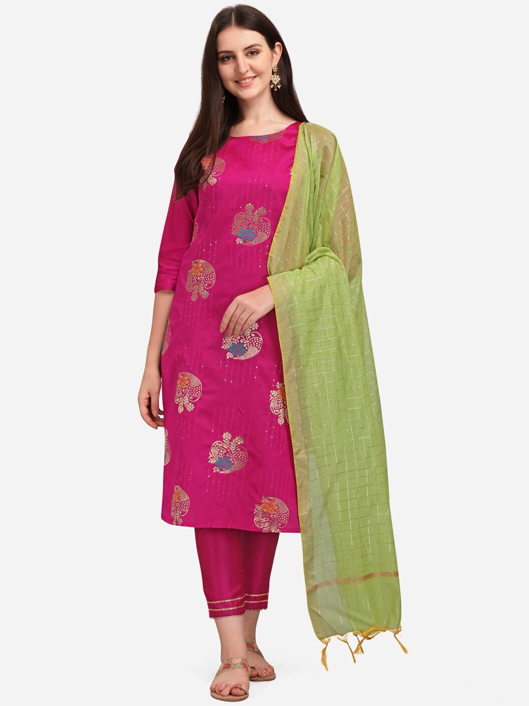 

KALINI Ethnic Motifs Woven Design Sequined Kurta with Trousers & Dupatta, Pink