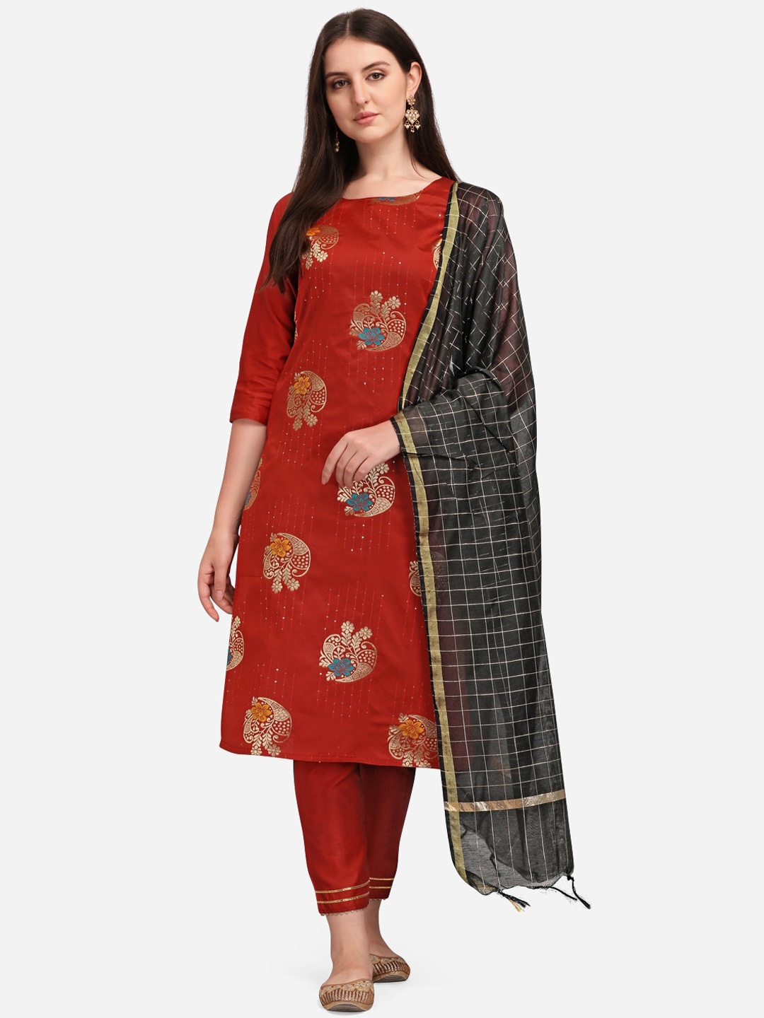 

KALINI Ethnic Motifs Embroidered Regular Kurta with Trousers & Dupatta, Red