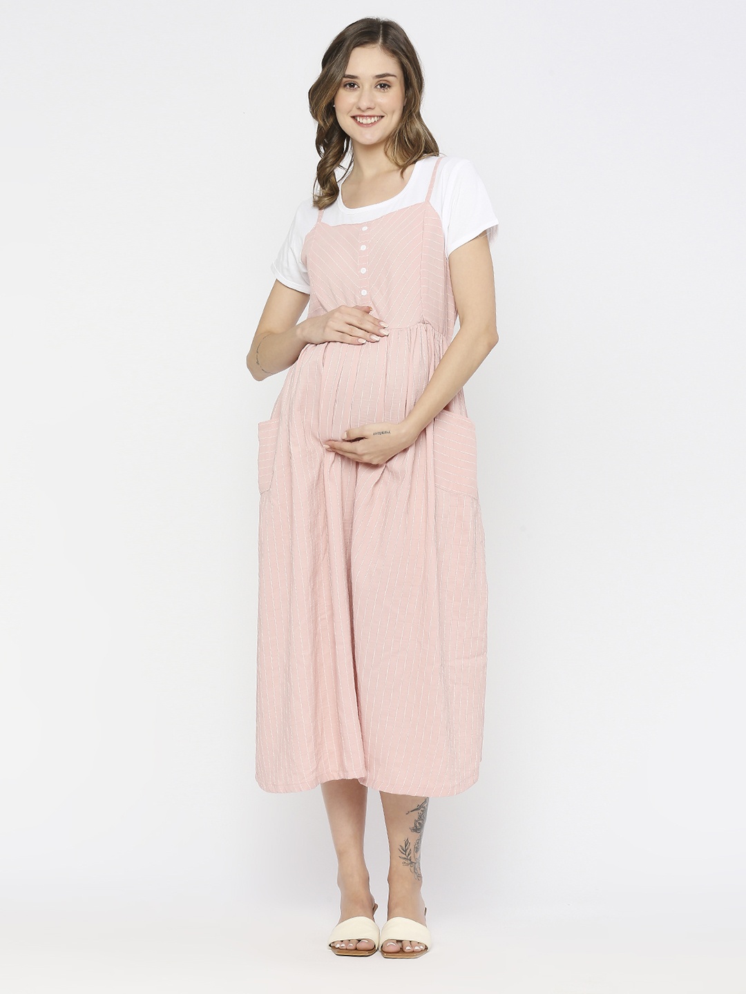 

MeeMee Pink Cotton A-Line Dungaree Maternity Dress