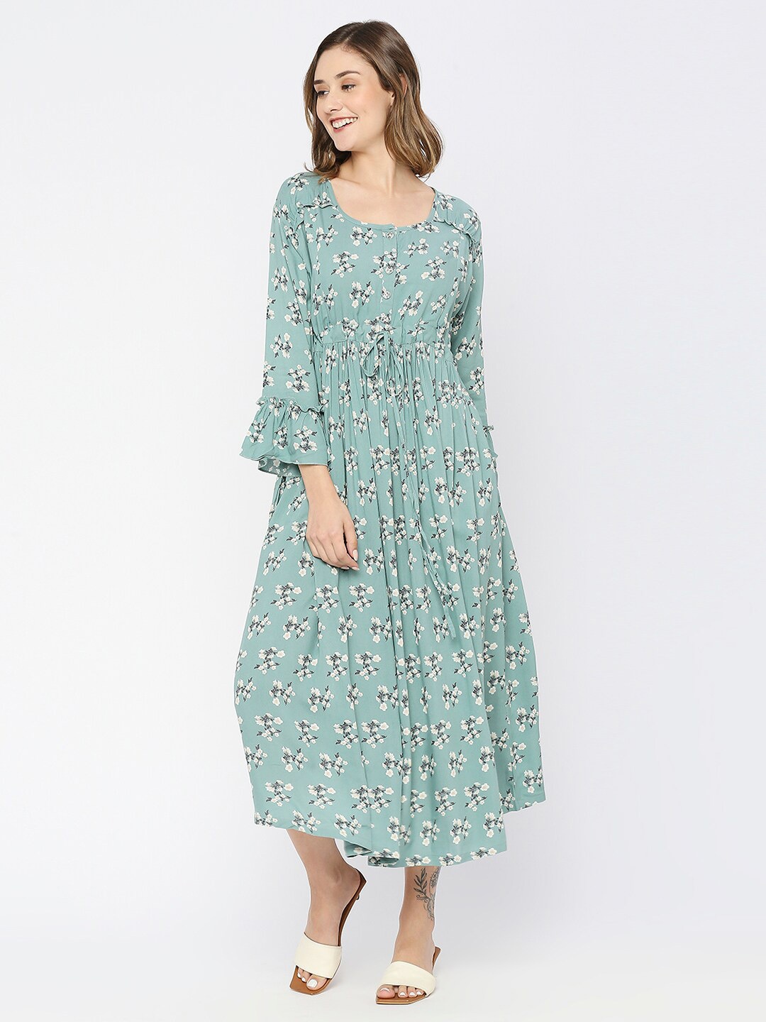 

MeeMee Green Floral Print Bell Sleeve Maternity A-Line Midi Dress