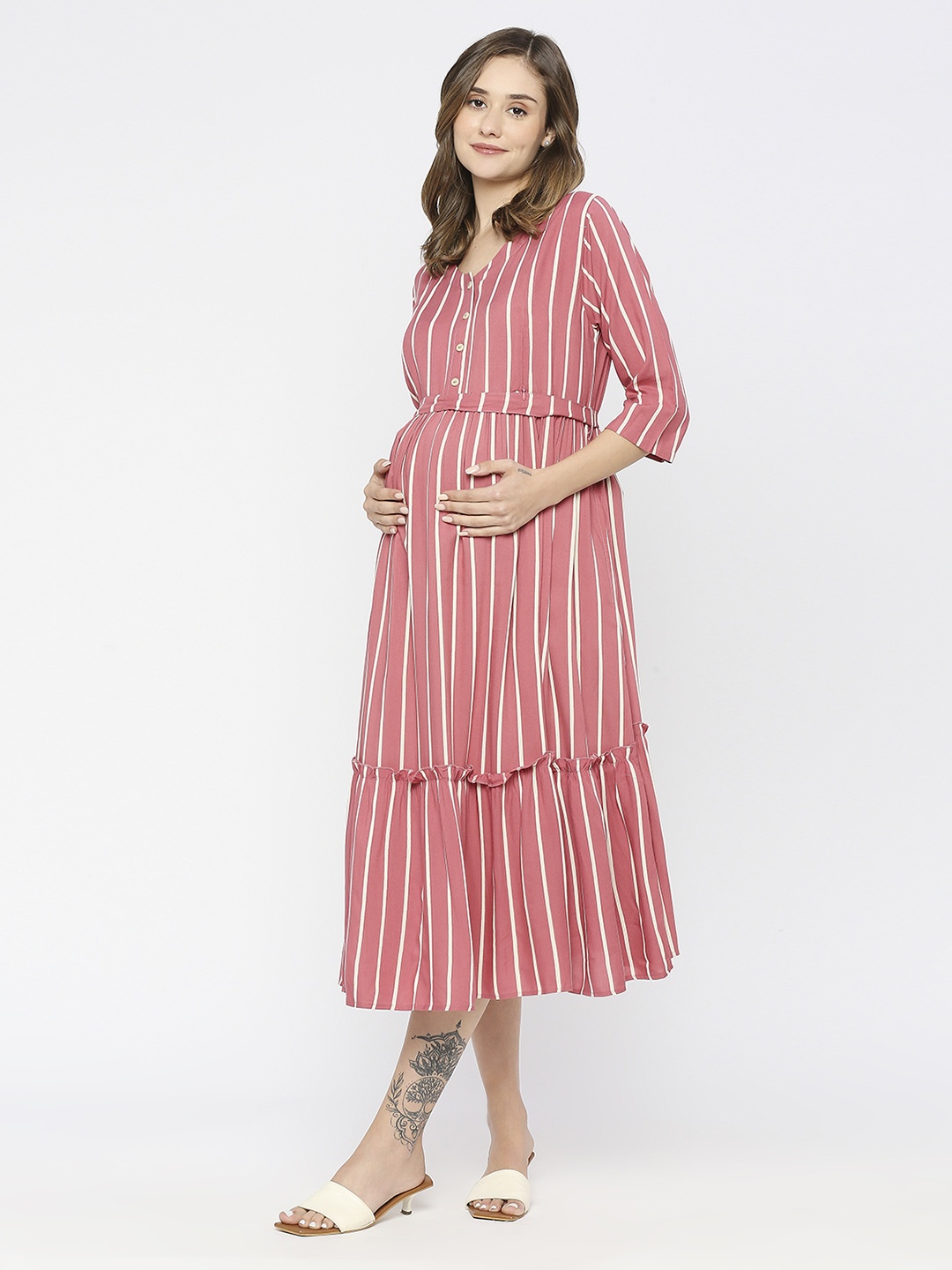 

MeeMee Coral Striped Maternity Tiered Midi Dress
