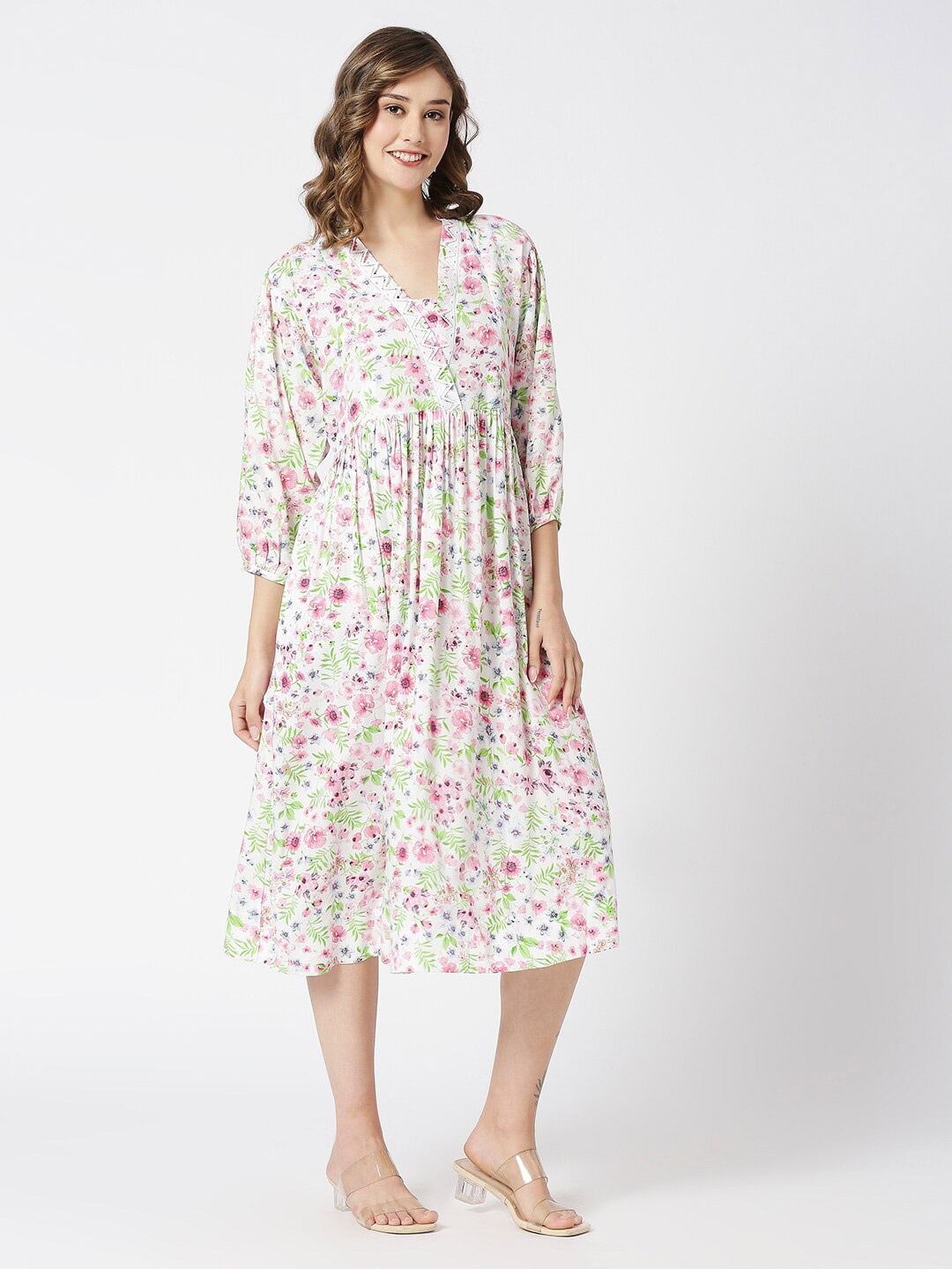 

MeeMee Peach-Coloured Floral Print Maternity Fit & Flare Midi Dress