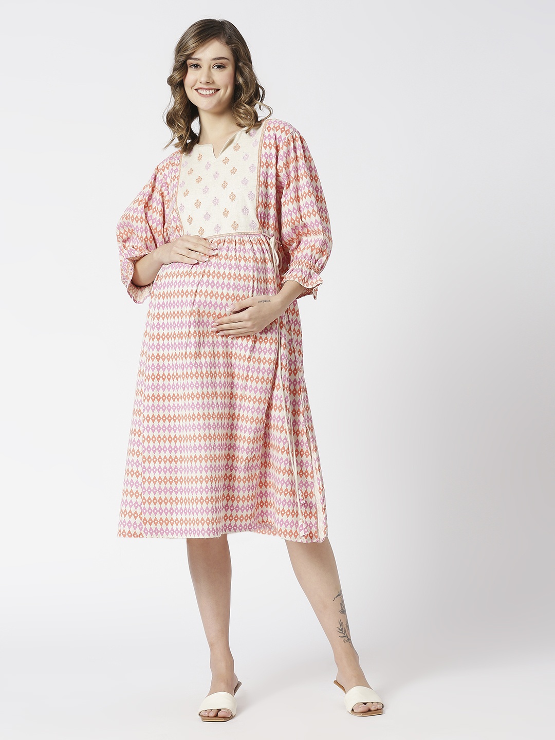 

MeeMee Printed Cotton Maternity Midi Dress with Feeding Zip, Purple