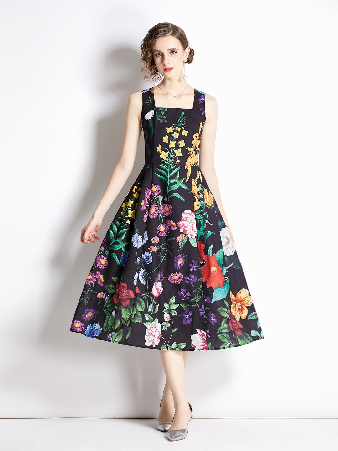 

JC Collection Floral Print Square Neck Fit & Flare Midi Dress, Black