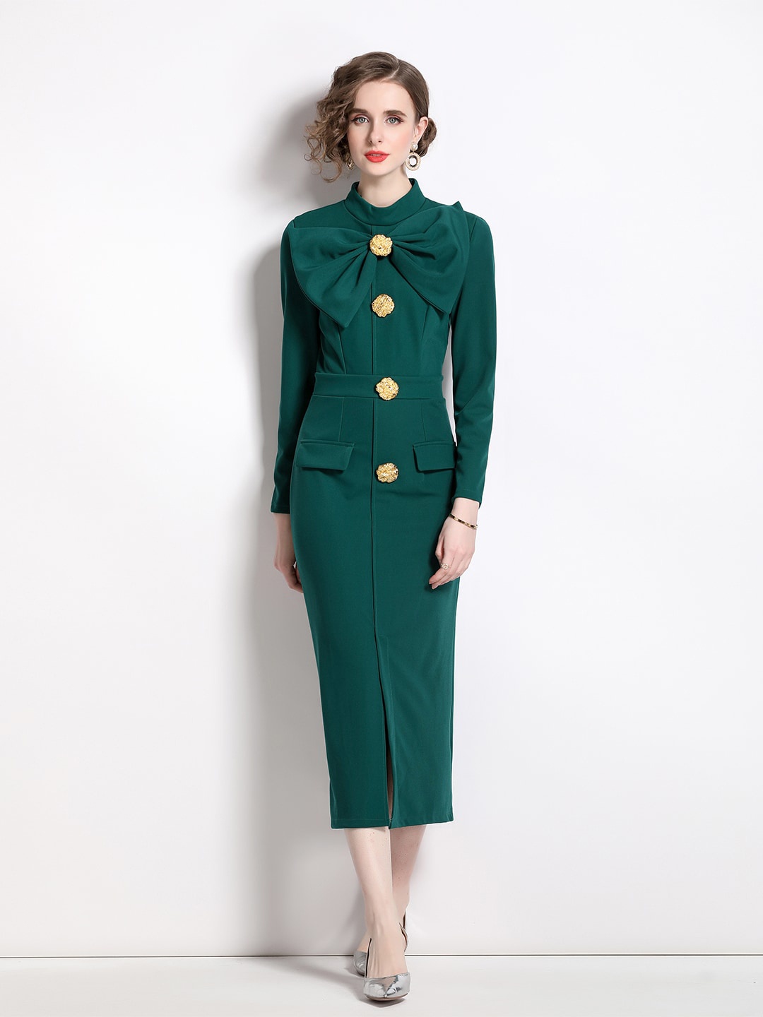 

JC Collection High Neck With A Bow Casual Sheath Midi Dress, Green