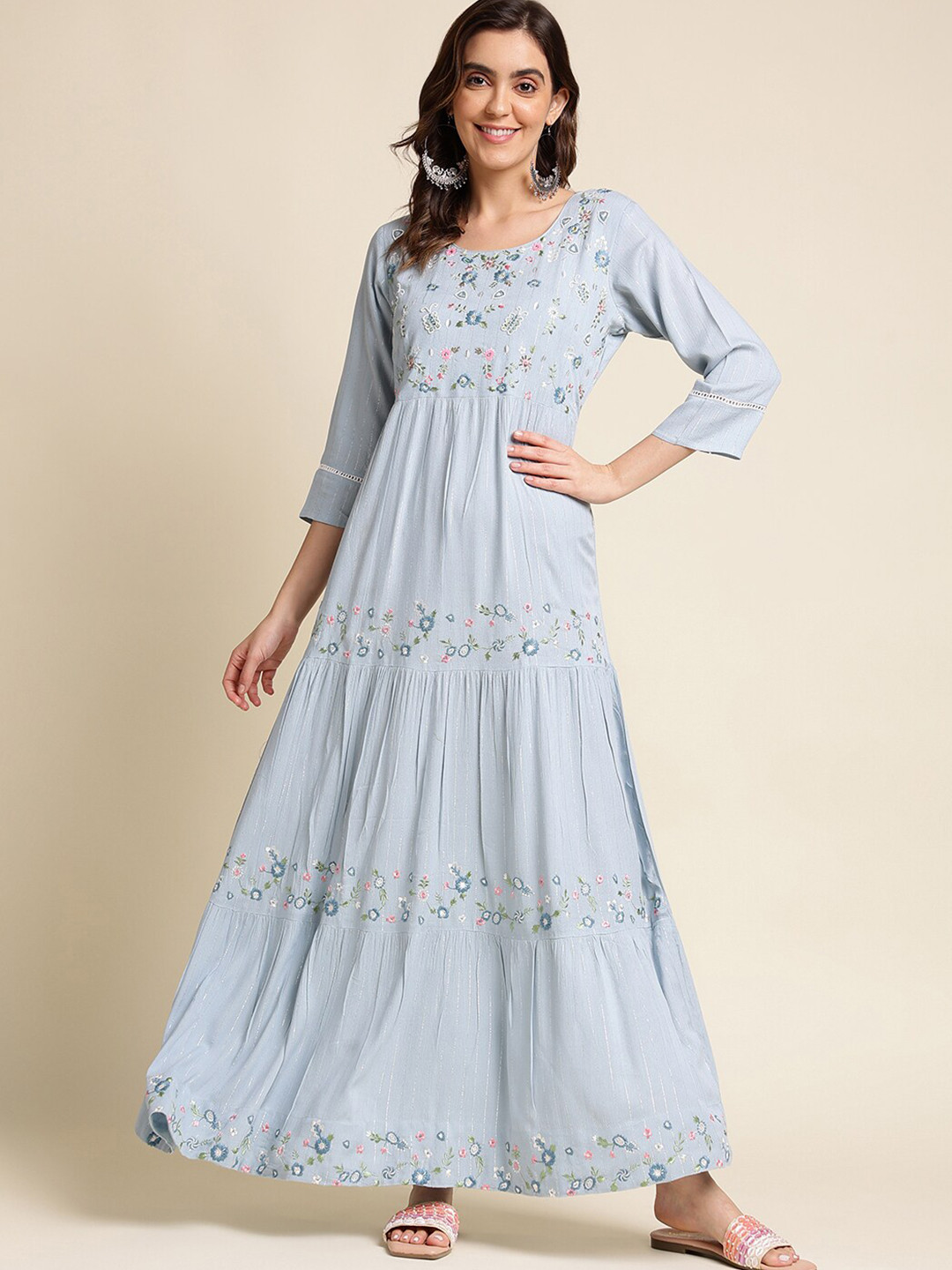 

Ishin Blue Floral Layered Fit & Flare Midi Dress