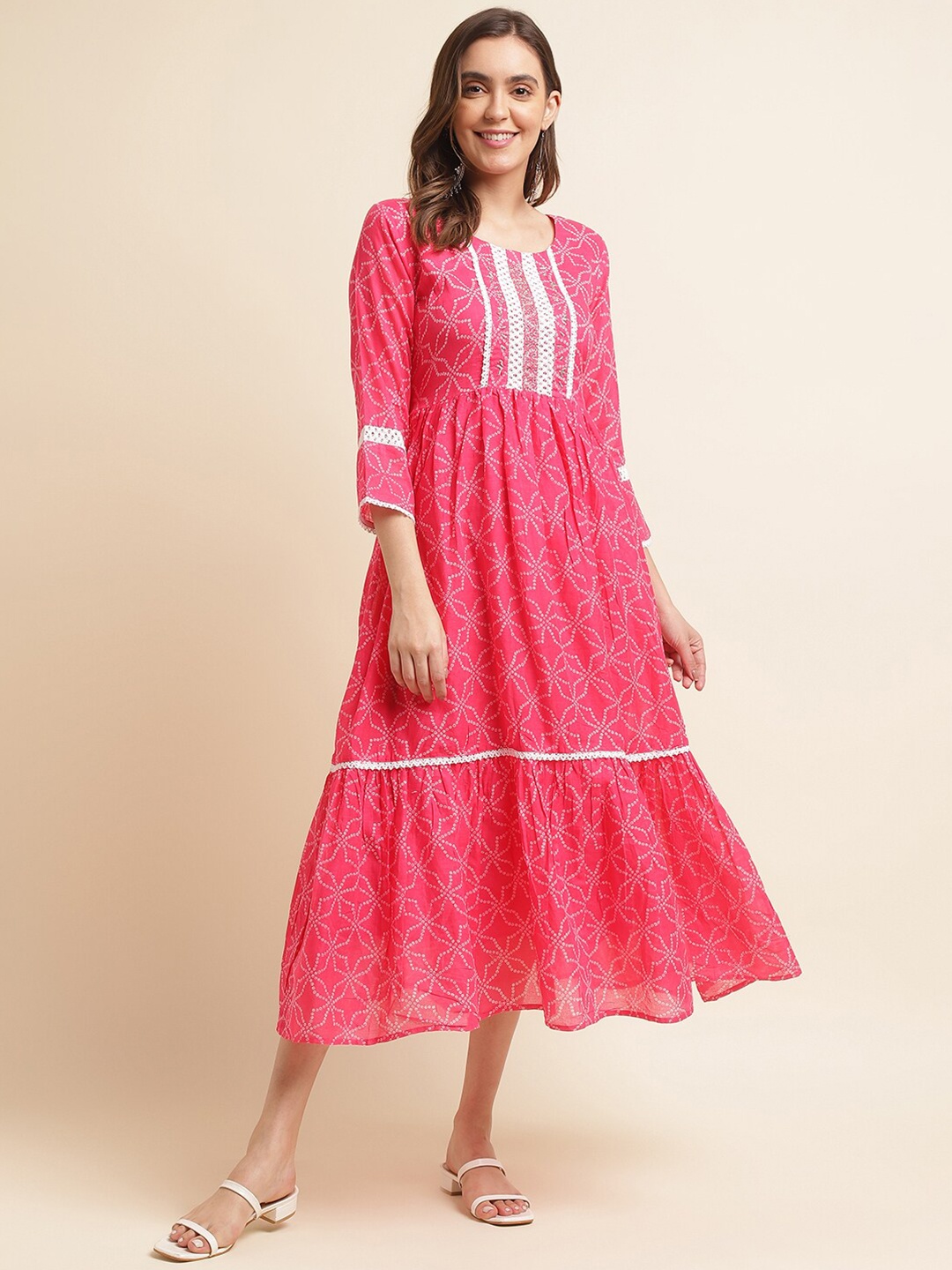 

Ishin Pink Ethnic Motifs Print A-Line Midi Dress