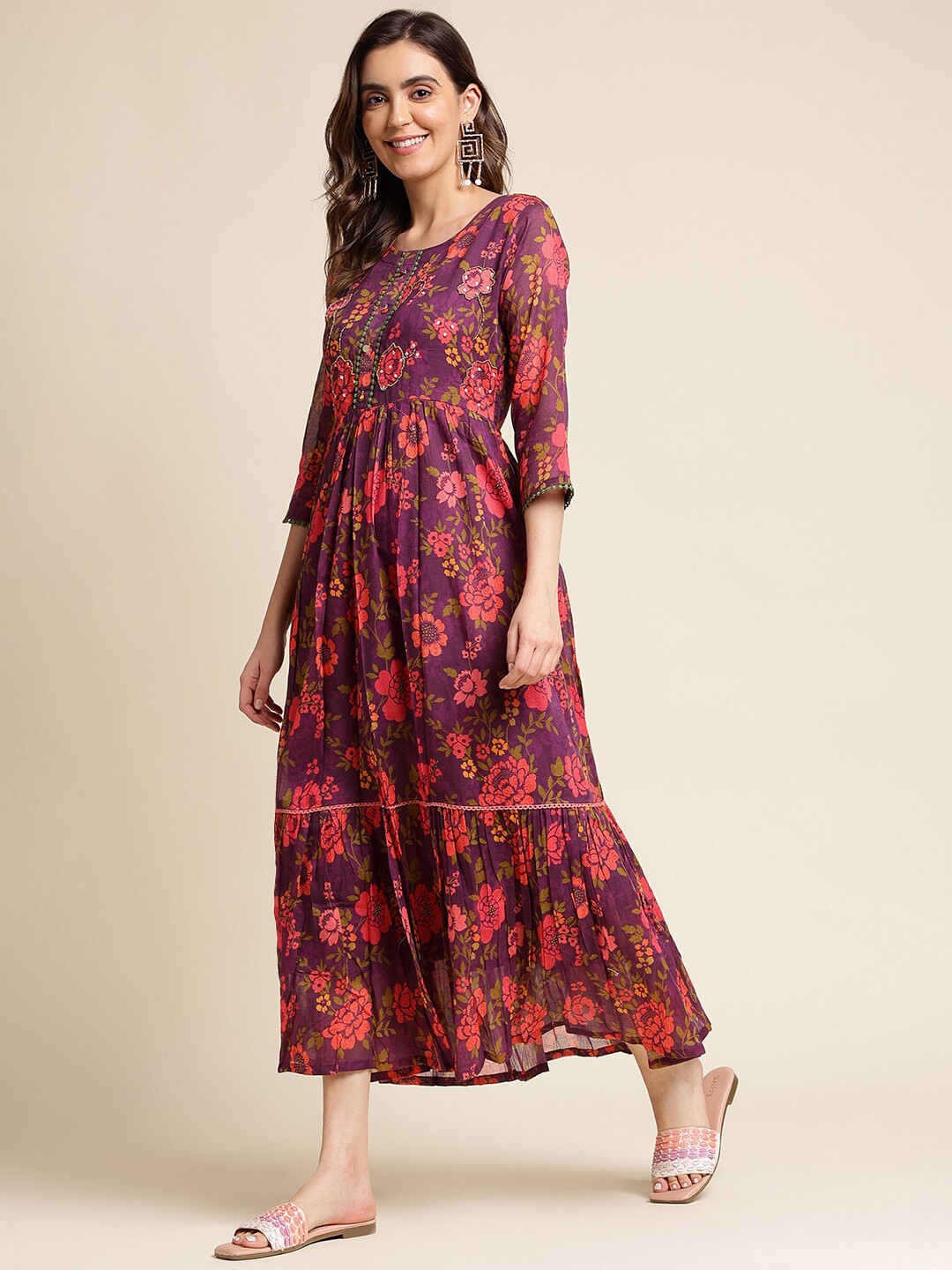 

Ishin Cotton Purple Floral Print Embroidered Fit & Flare Midi Dress