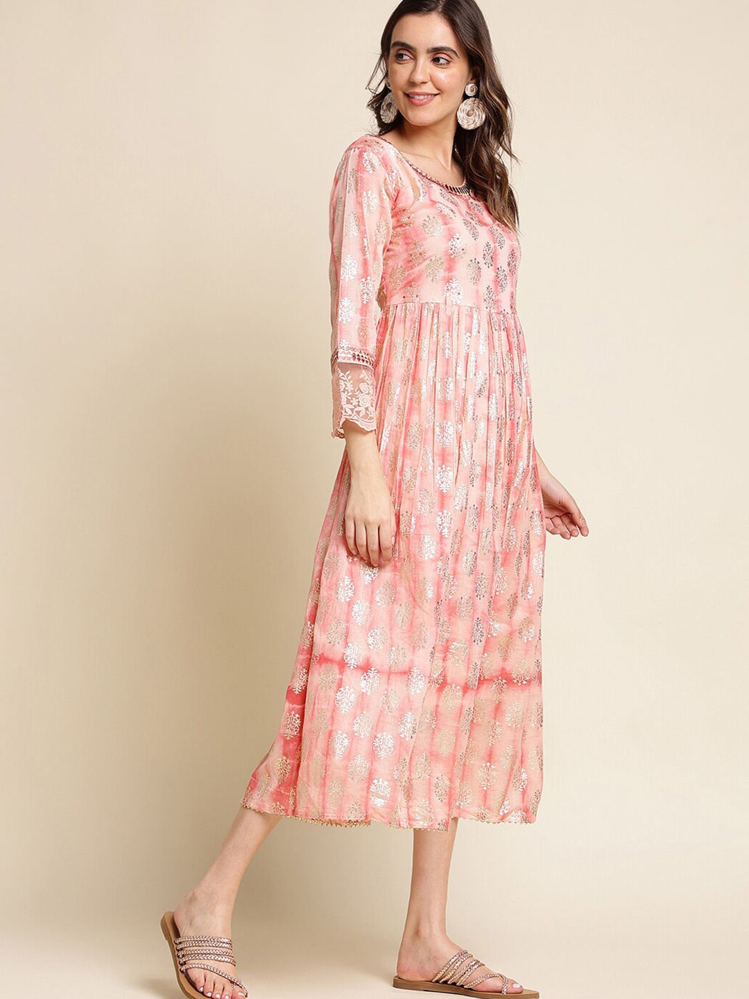 

Ishin Peach-Coloured Floral Print Puff Sleeve Maxi Dress
