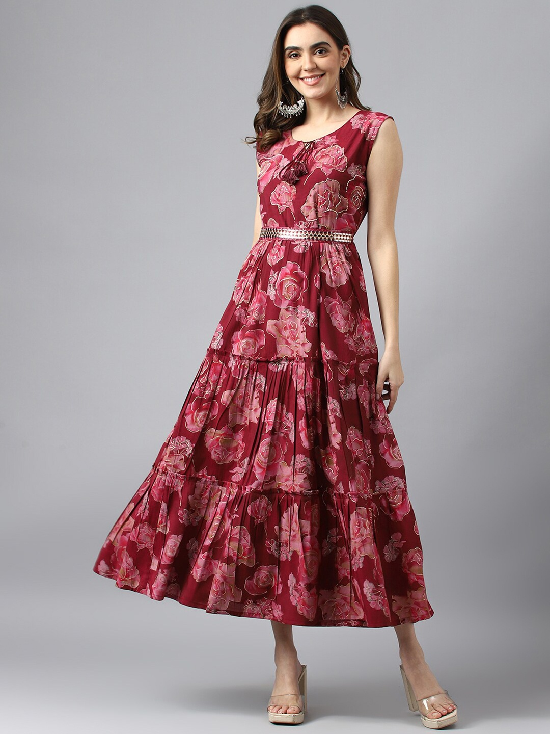

Ishin Red Ethnic Motifs Print Maxi Dress