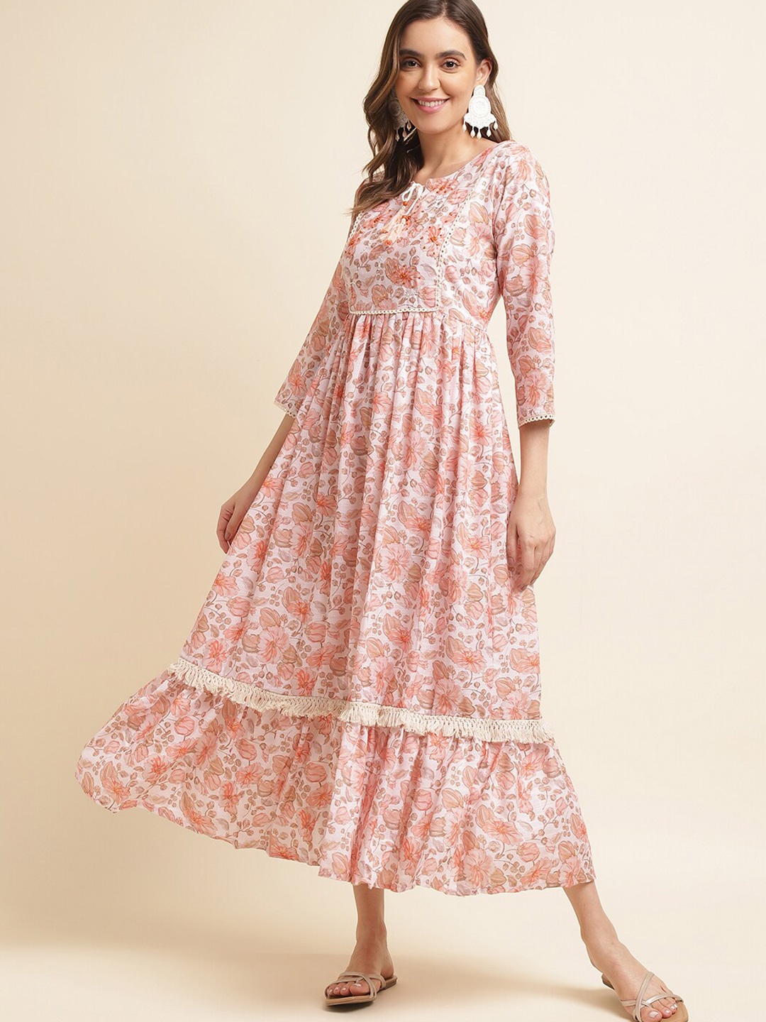 

Ishin Orange Floral Print Maxi Midi Dress