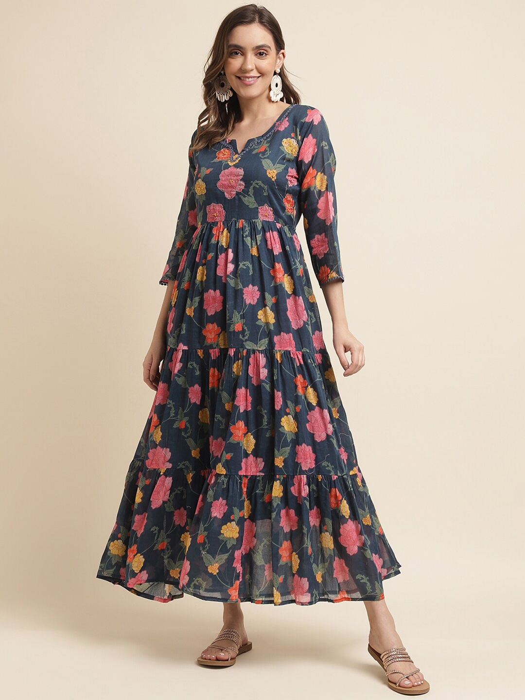 

Ishin Navy Blue Floral Print Layered Maxi Dress