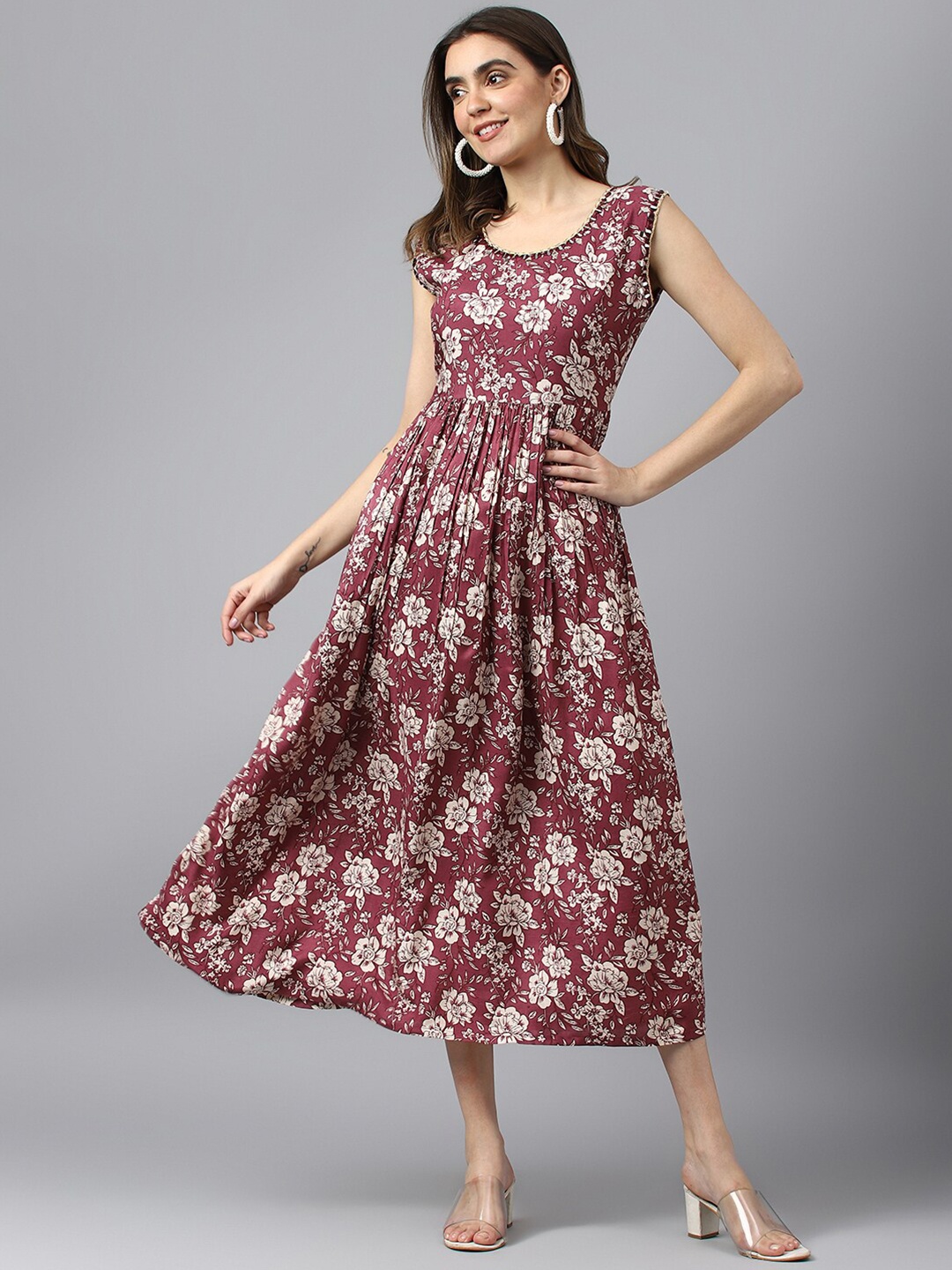 

Ishin Maroon Ethnic Motifs Print A-Line Midi Dress