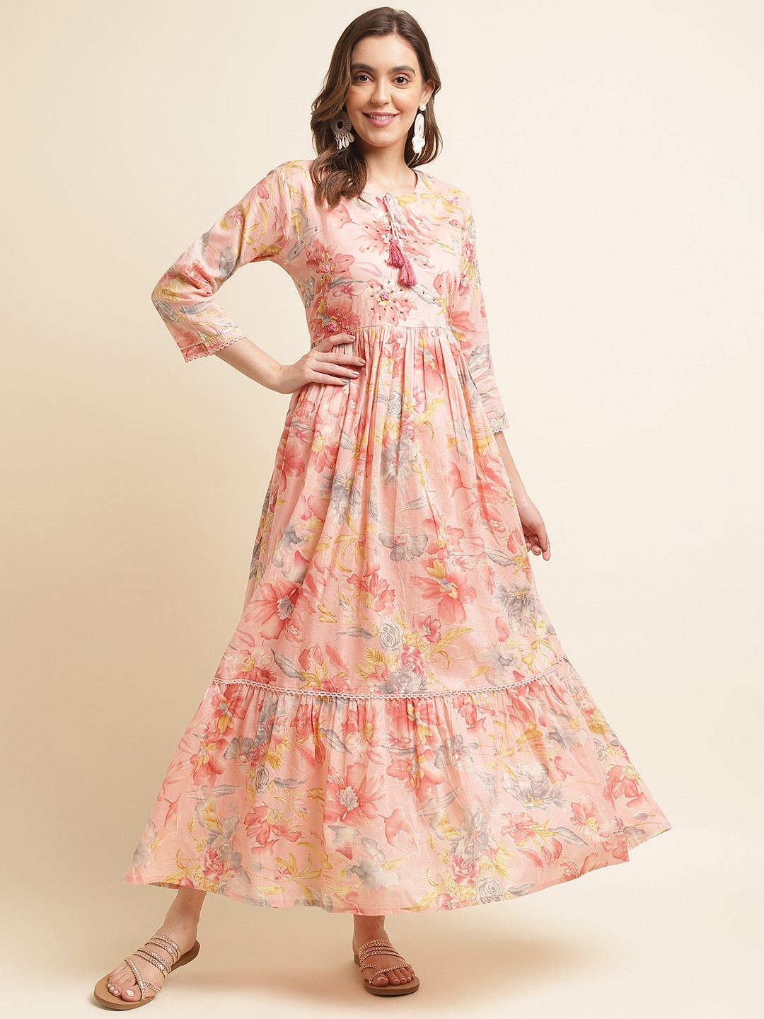 

Ishin Pink Floral Printed Round Neck Fit & Flare Cotton Maxi Dress