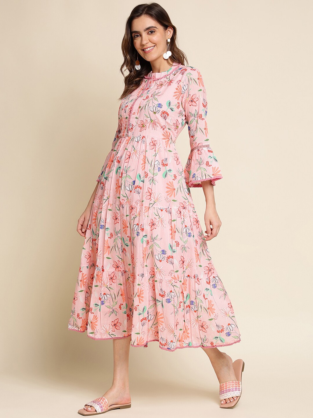 

Ishin Peach-Coloured Floral Print Bell Sleeve A-Line Maxi Dress