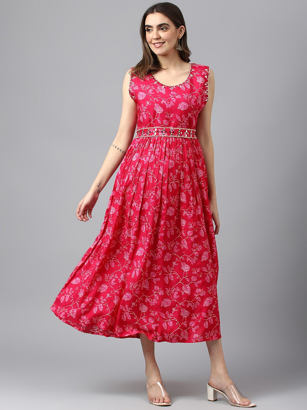 

Ishin Pink Ethnic Motifs Print A-Line Midi Dress