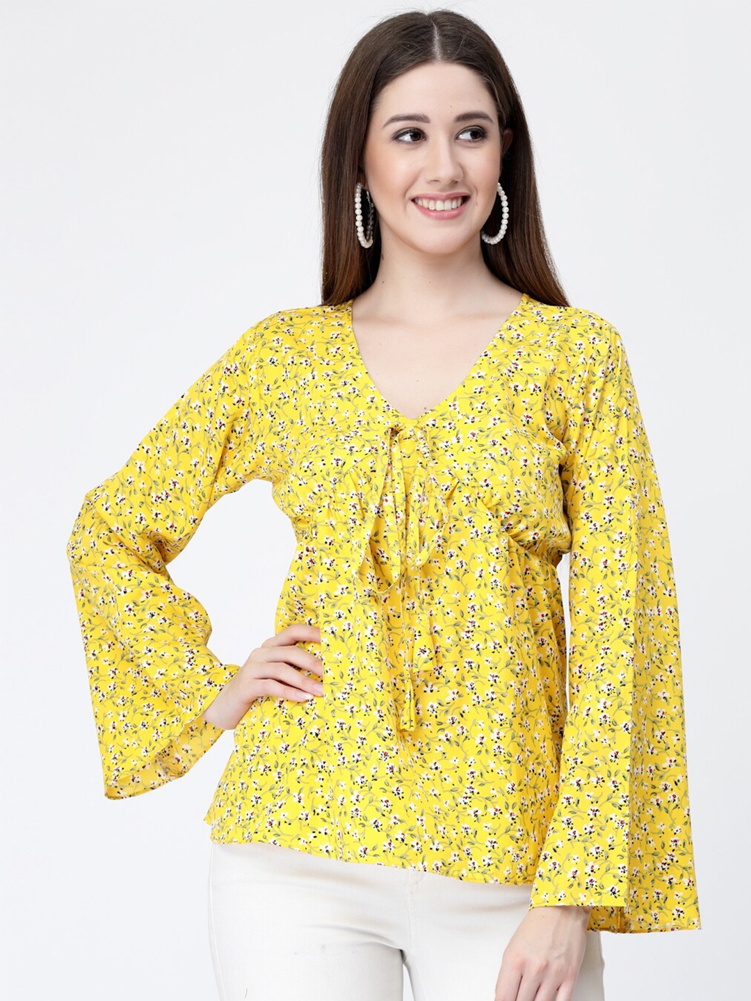 

MISS AYSE Yellow Floral Print Flared Sleeve Crepe Empire Top