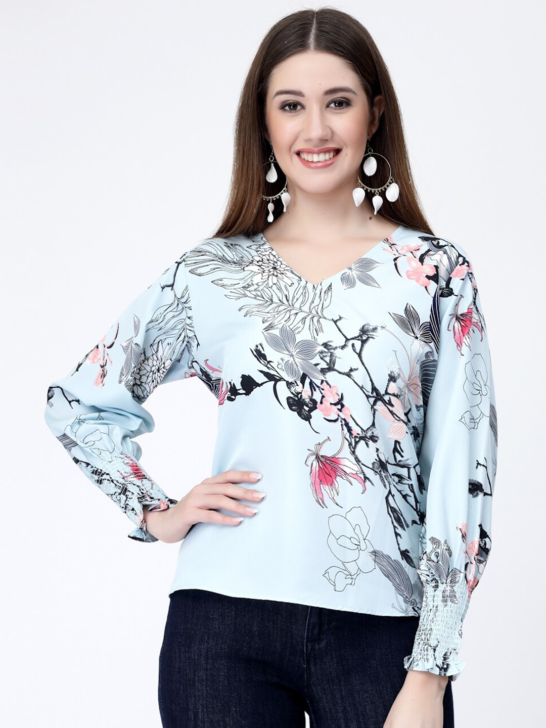 

MISS AYSE Grey Floral Print Puff Sleeve Crepe Top