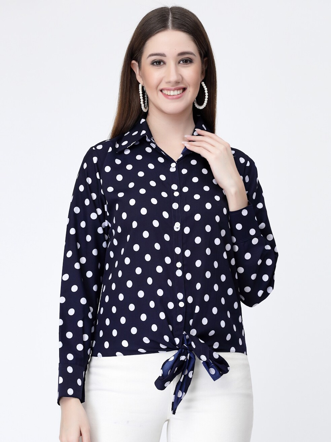 

MISS AYSE Navy Blue Polka Dot Print Crepe Shirt Style Top
