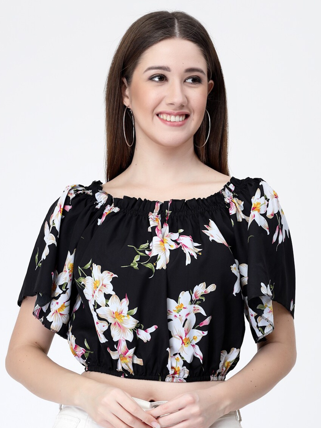

MISS AYSE Black Floral Print Crepe Blouson Top