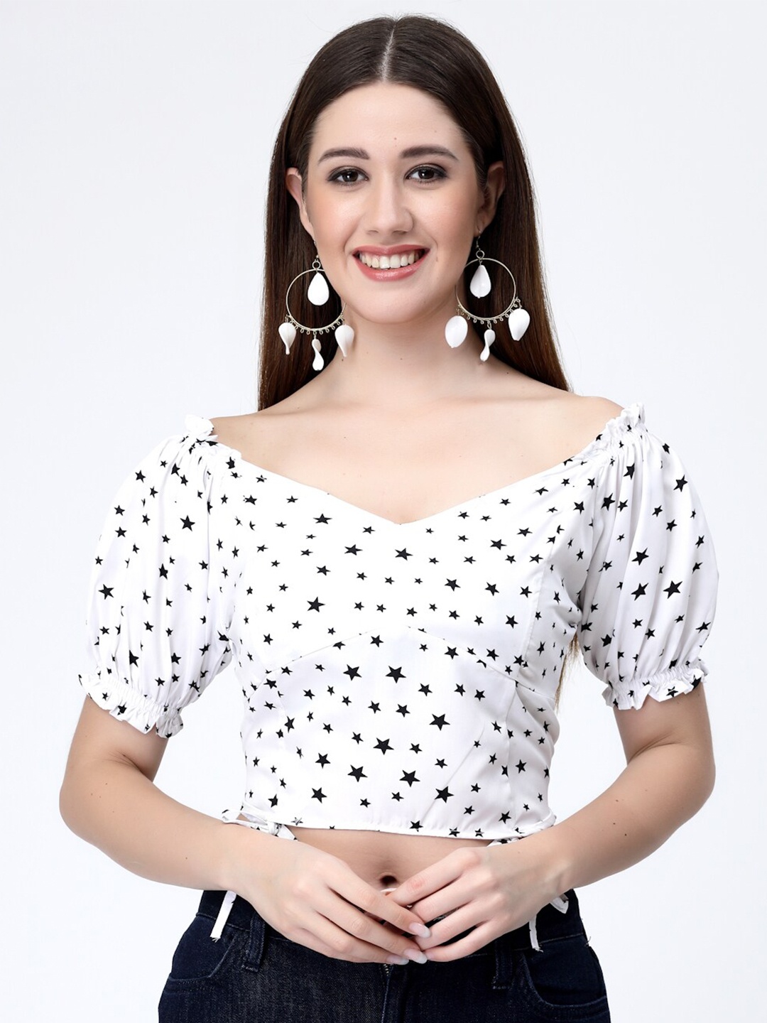 

MISS AYSE White Polka Dot Print Puff Sleeve Crepe Crop Top