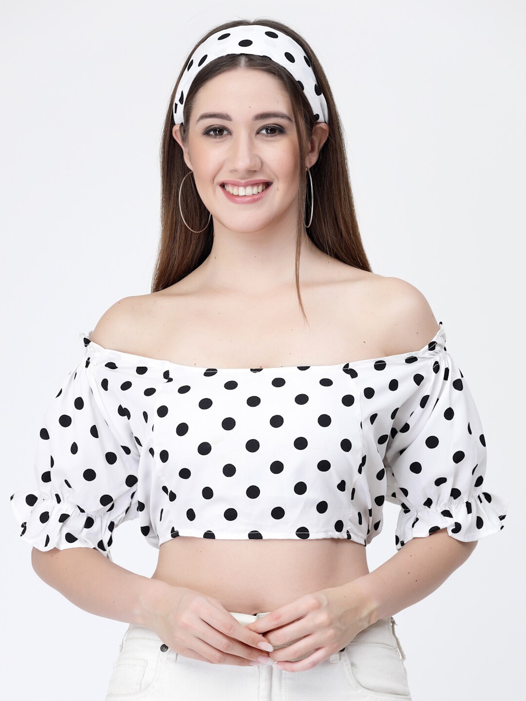 

MISS AYSE White Polka Dot Print Off-Shoulder Crepe Bardot Crop Top