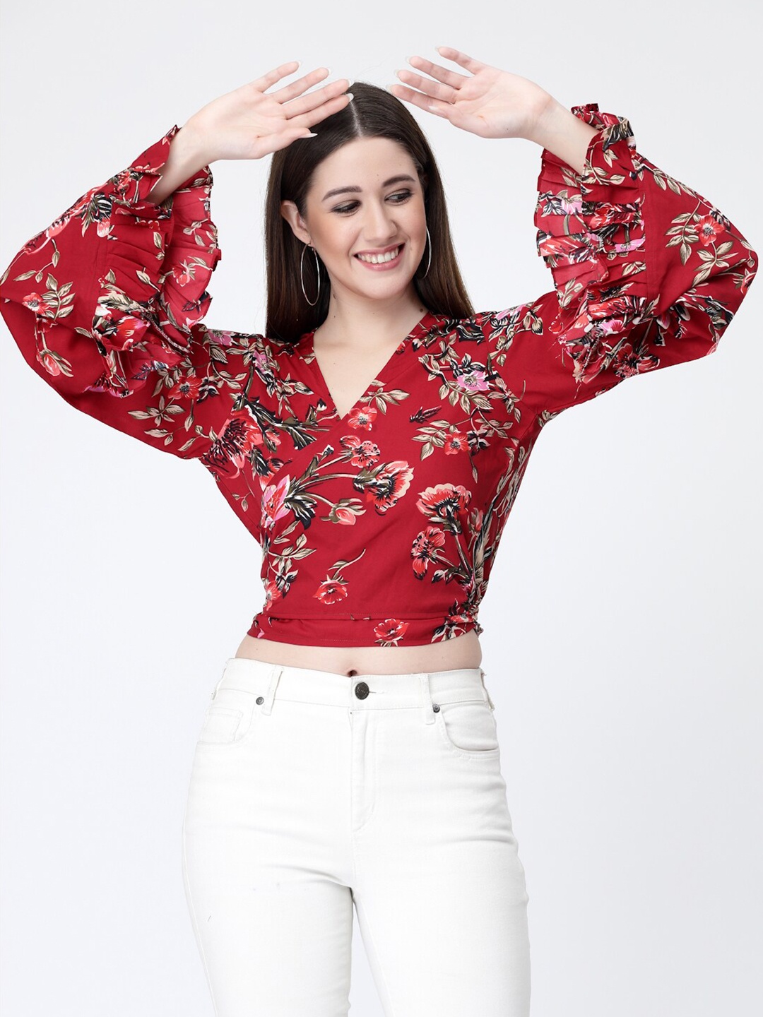 

MISS AYSE Red Floral Print Crepe Wrap Crop Top