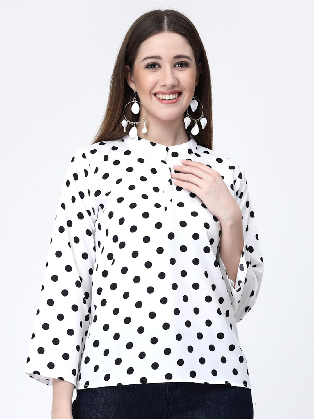

MISS AYSE White Polka Dot Print Crepe Top