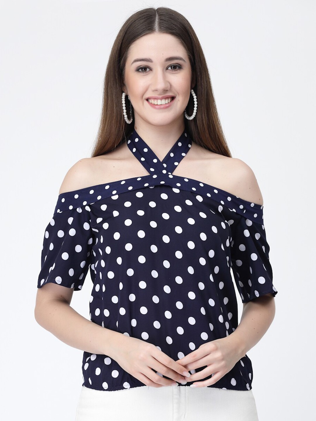 

MISS AYSE Navy Blue Polka Dot Print Halter Neck Crepe Top