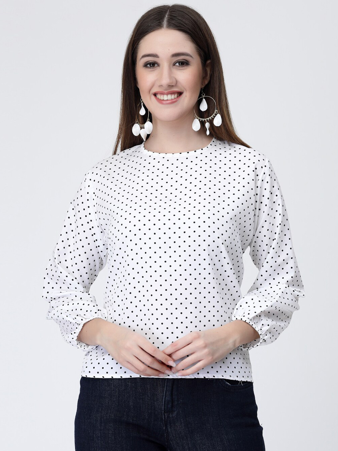 

MISS AYSE White Polka Dot Print Crepe Top