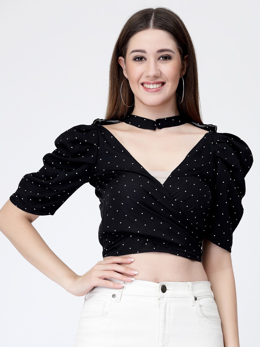 

MISS AYSE Black Embellished Choker Neck Puff Sleeve Crepe Crop Top