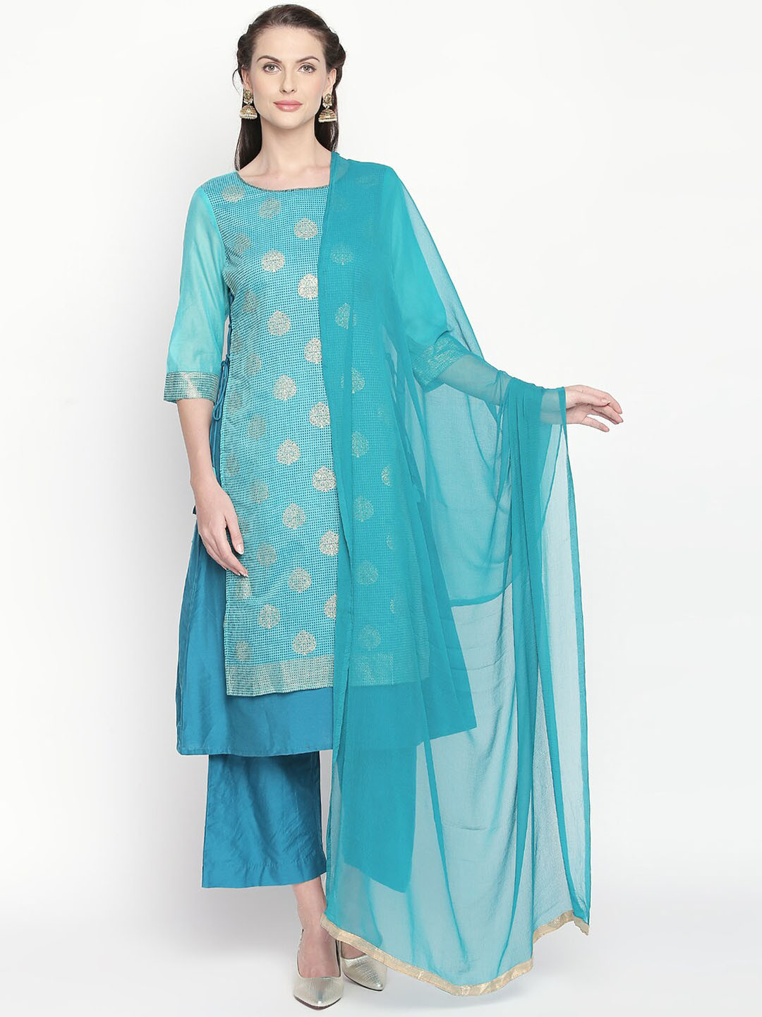 

RANGMANCH BY PANTALOONS Ethnic Motifs Printed Layered Kurta With Trousers & Dupatta, Turquoise blue
