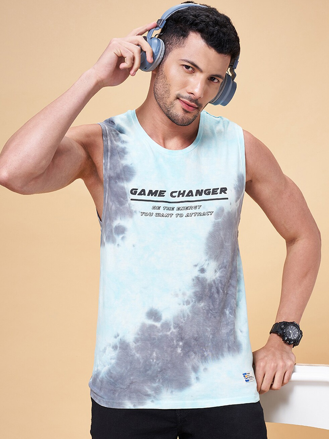 

People Printed Cotton Basic Innerwear Vest, Blue