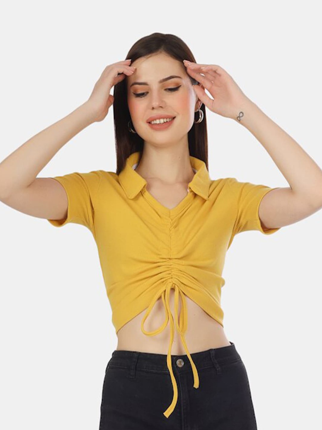 

BAESD Yellow Cotton Shirt Style Crop Top