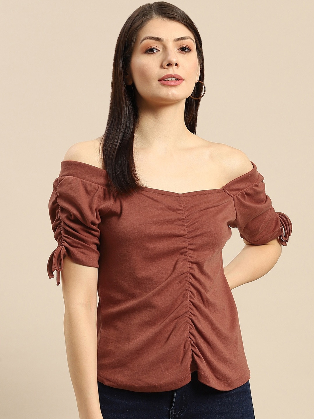 

BAESD Off-Shoulder Puff Sleeve Ruched Pure Cotton Bardot Top, Brown