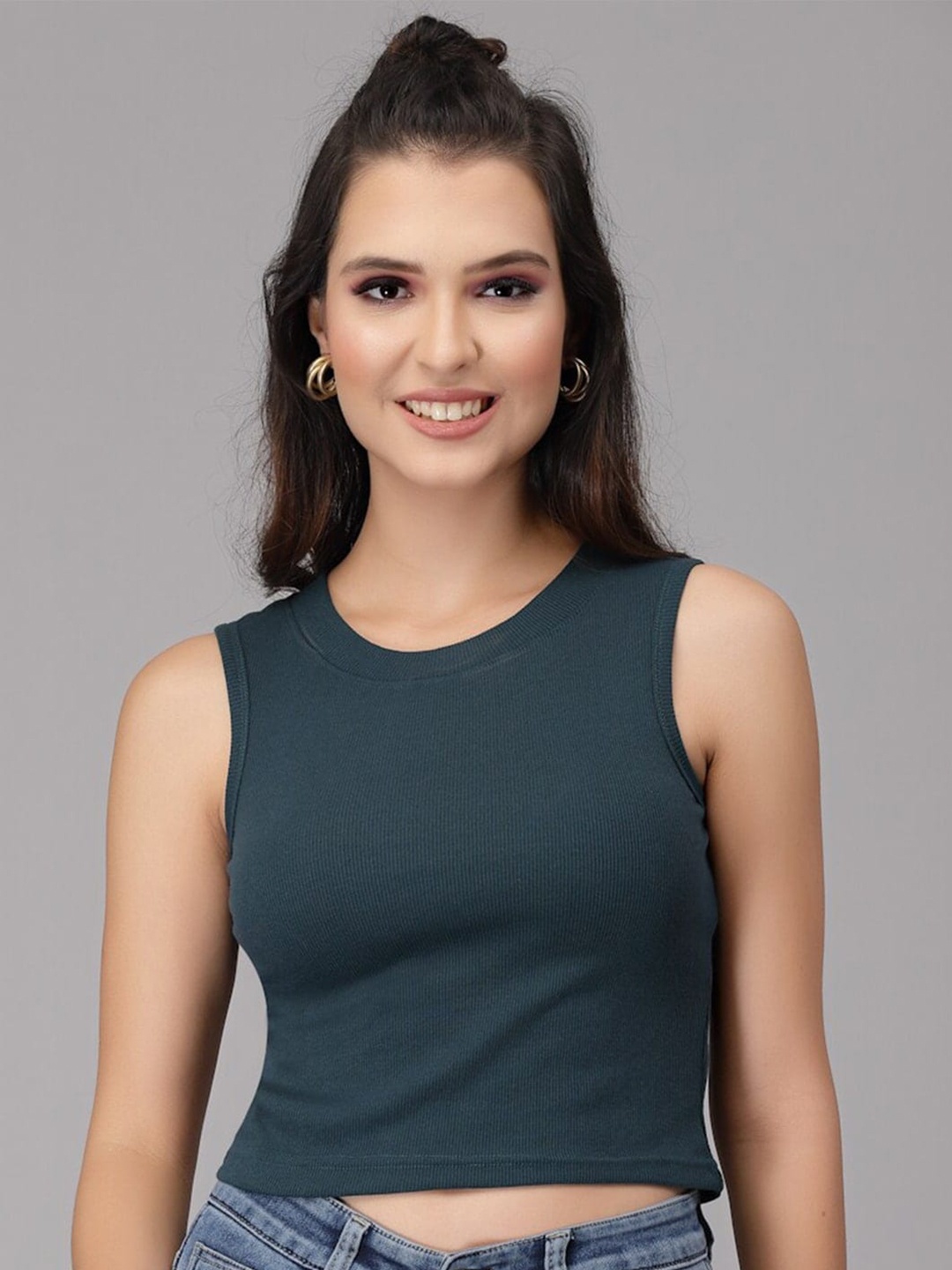 

BAESD Ribbed Sleeveless Cotton Fitted Crop Top, Green