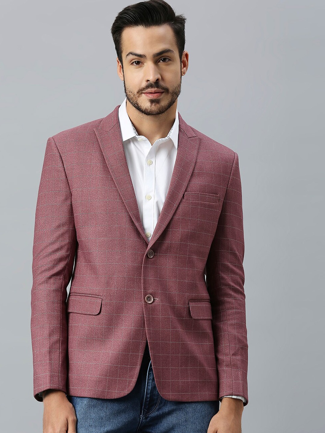 

ESSAS club Men Checked Slim Fit Single Breasted Blazer, Pink