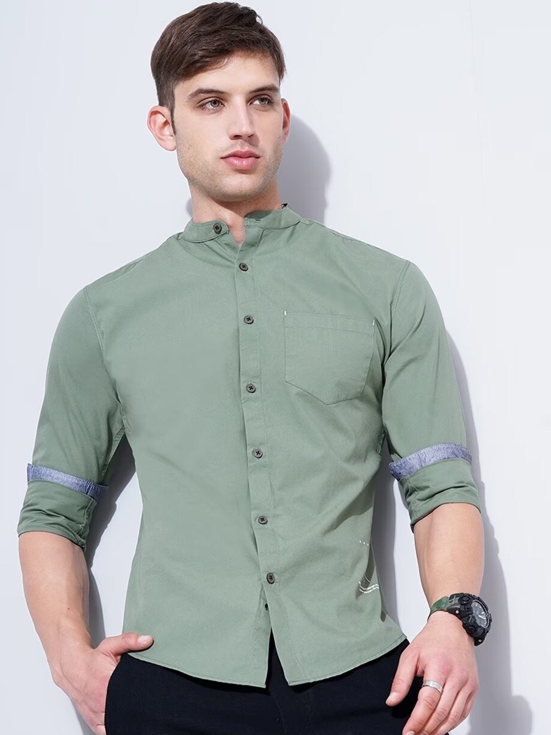 

British Club Men Olive Green Smart Slim Fit Opaque Printed Casual Shirt