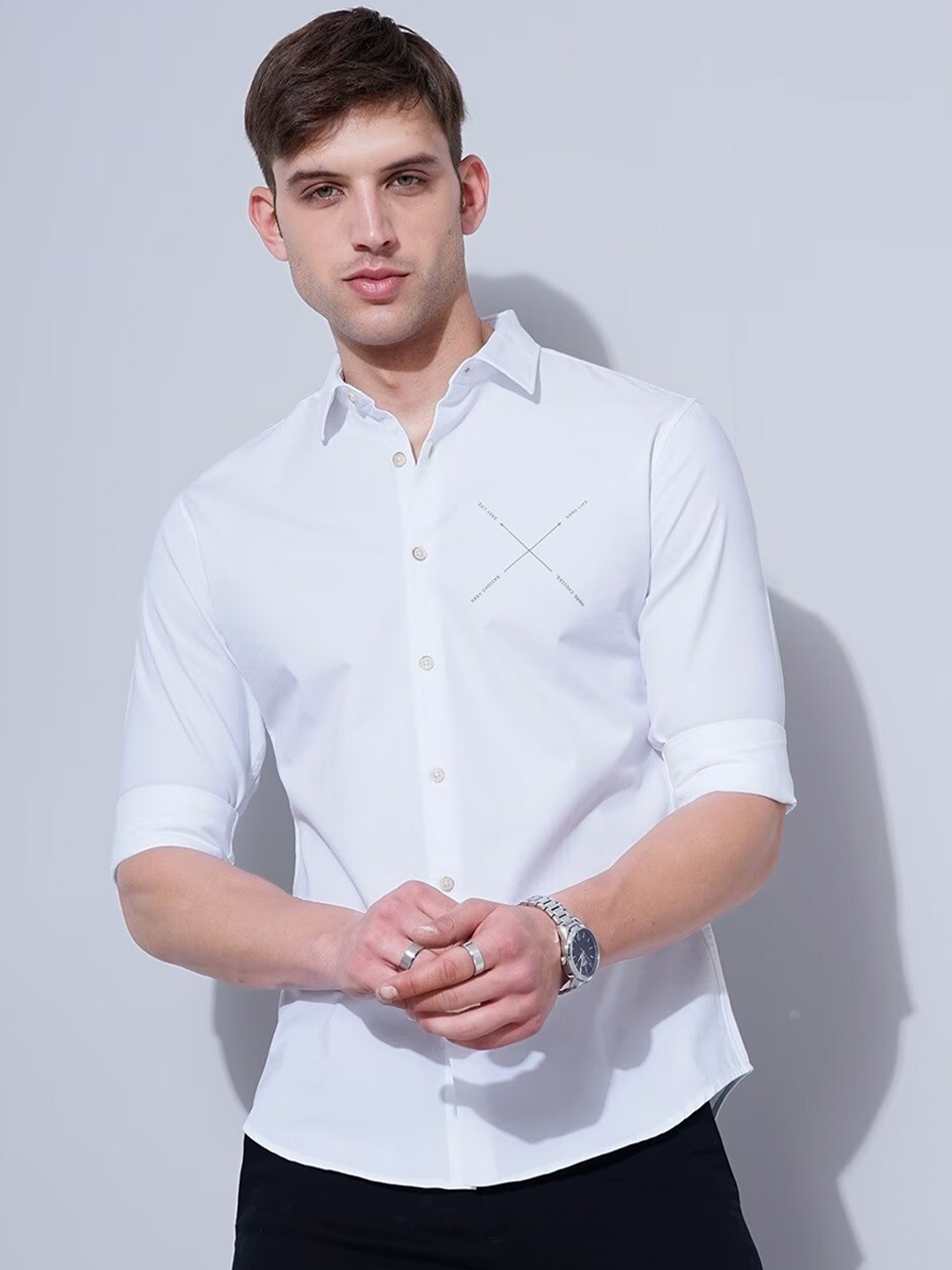 

British Club Men White Smart Slim Fit Opaque Printed Casual Shirt