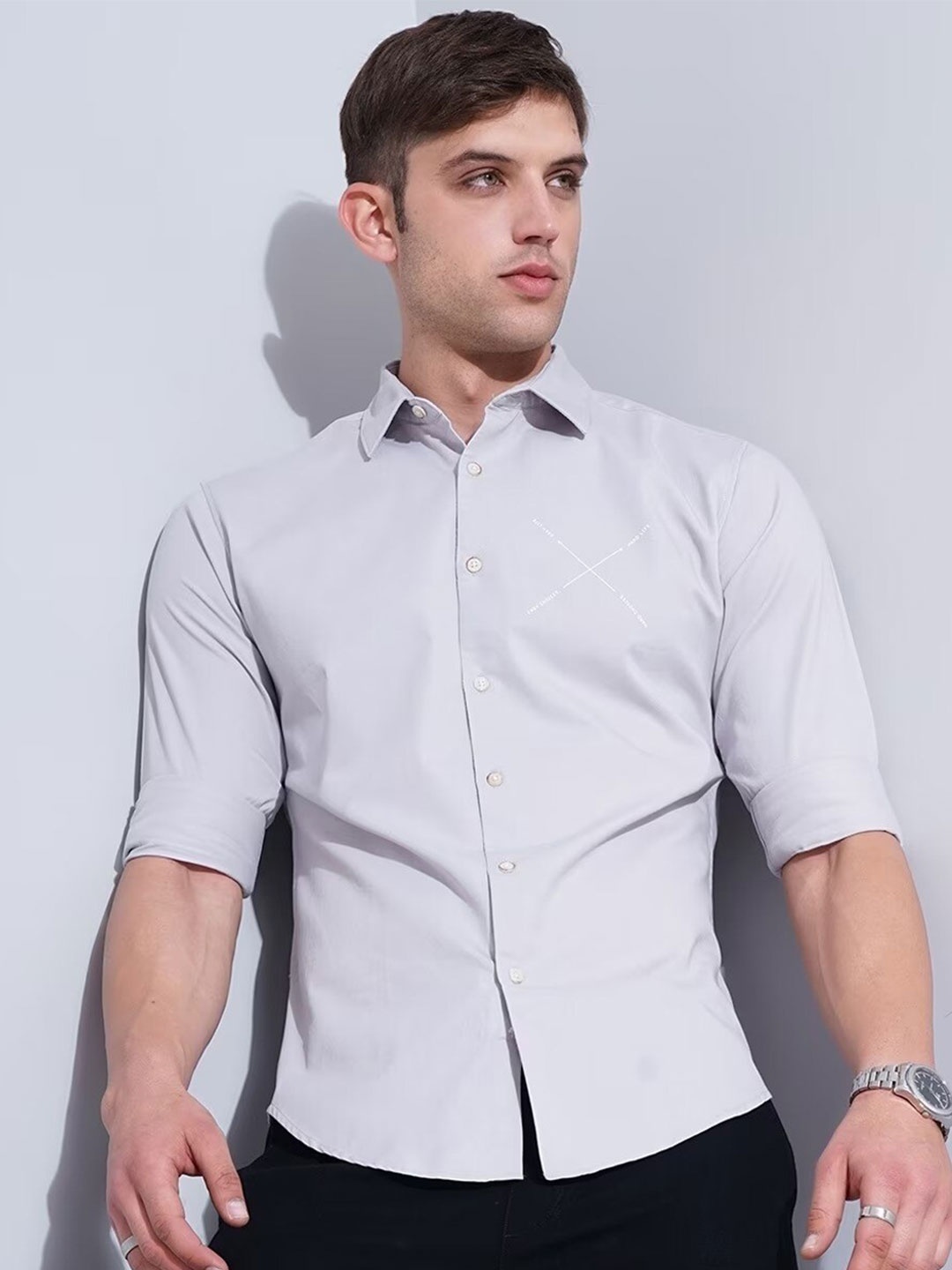 

British Club Men Grey Smart Slim Fit Opaque Casual Shirt