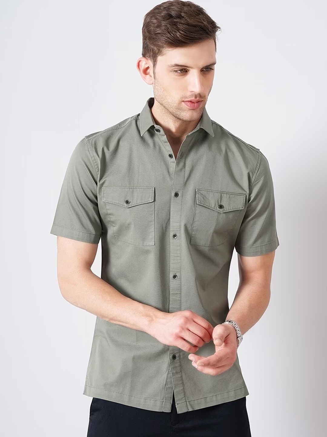 

British Club Men Olive Green Smart Slim Fit Opaque Casual Shirt