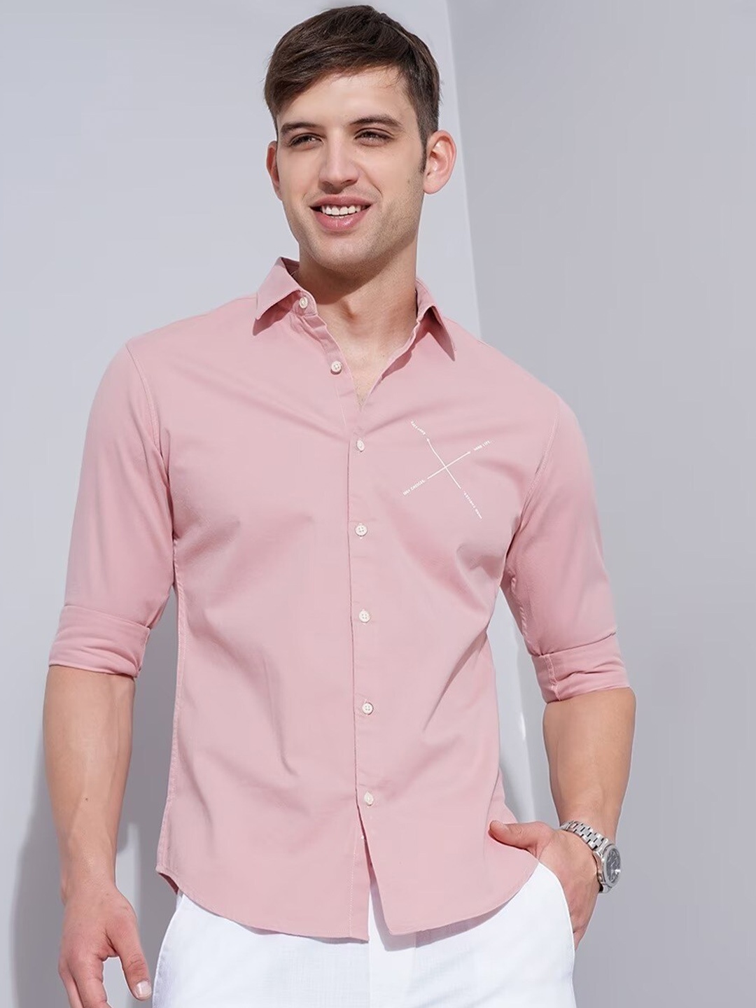 

British Club Men Peach-Coloured Smart Slim Fit Opaque Casual Shirt