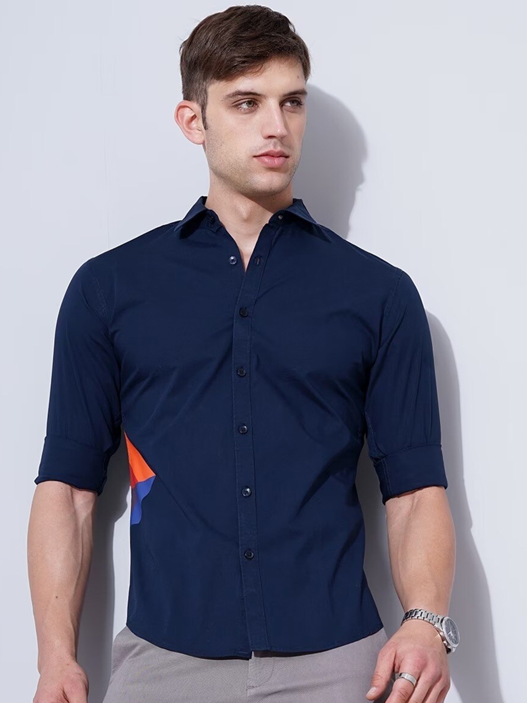 

British Club Men Navy Blue Smart Slim Fit Opaque Casual Shirt