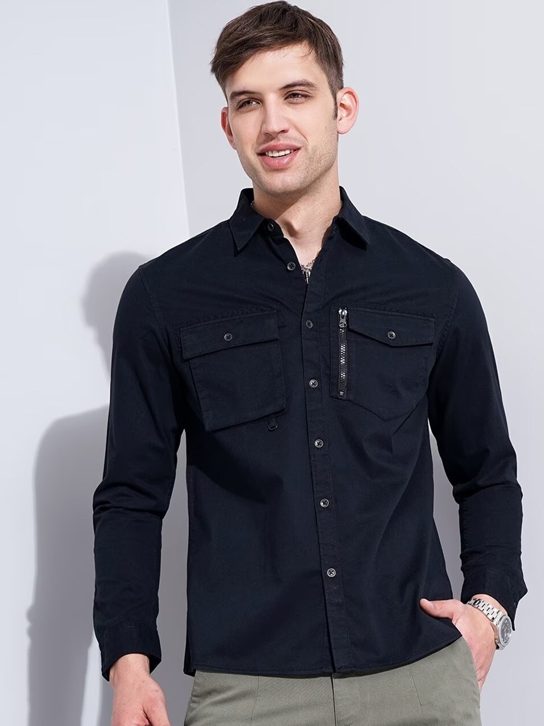 

British Club Smart Slim Fit Twill Weave Pure Cotton Casual Shirt, Black