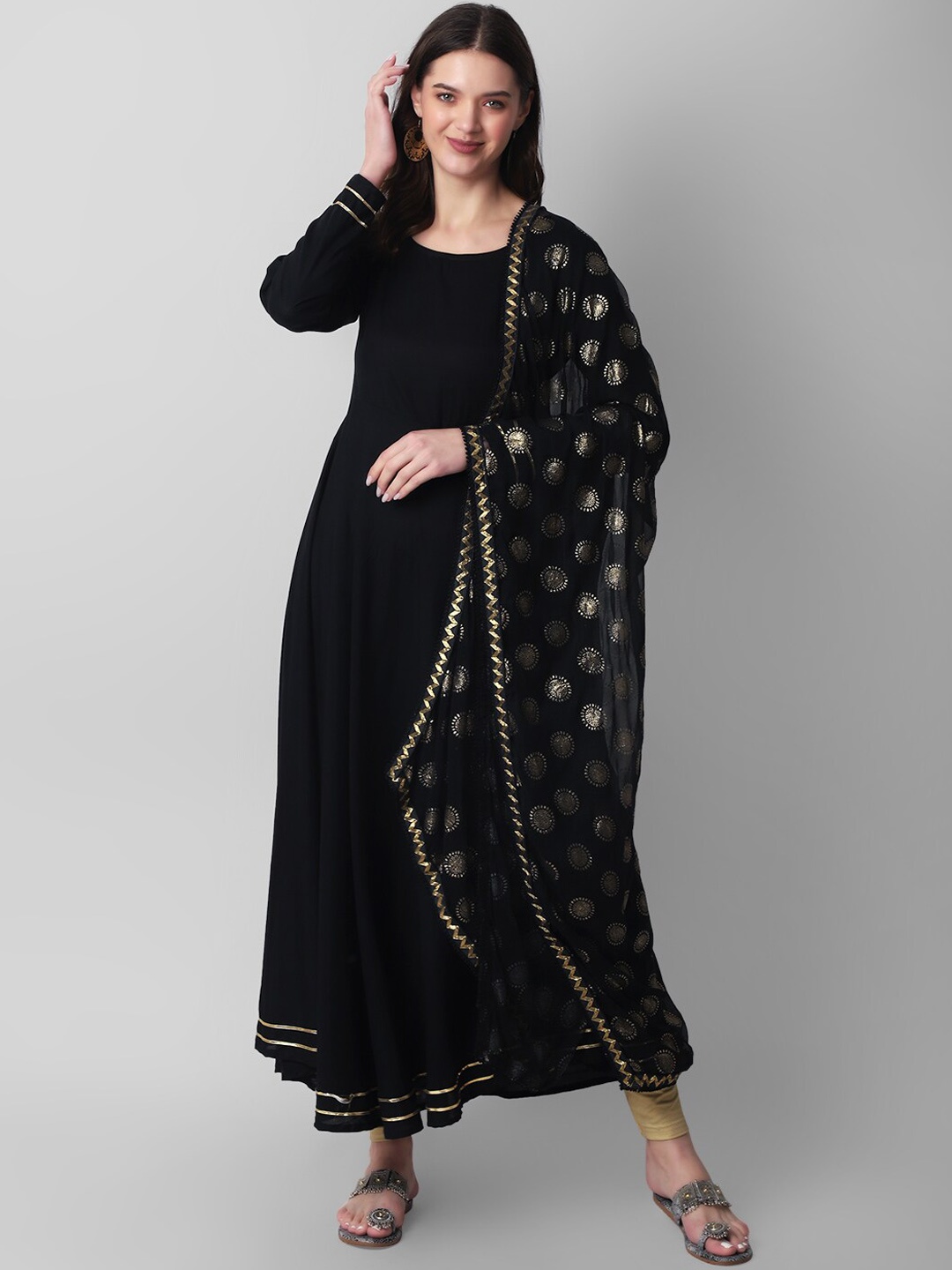 

Haute and Humble Round Neck Gotta Patti Anarkali Kurta With Dupatta, Black